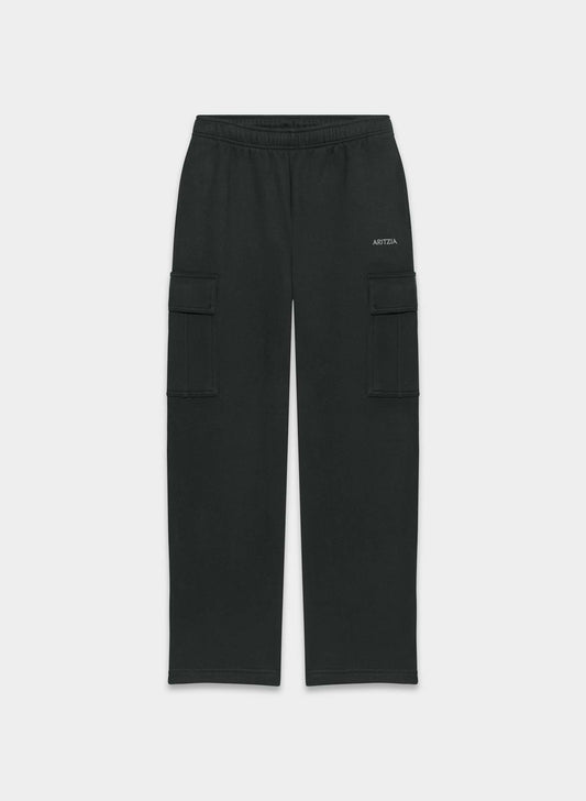 Black cargo sweatpants with side flap pockets and a small white ARITZIA logo on the upper right hip, shown flat on a light gray background.