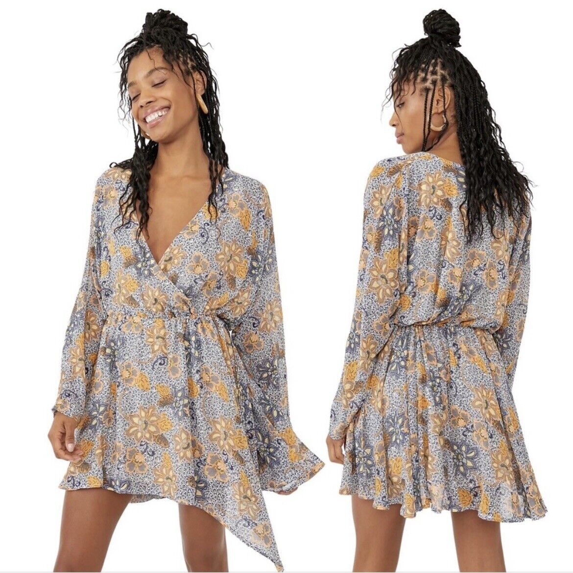 Free people teegan floral mini dress size small oversized mini dress used blue and yellow floral Edmonton shop