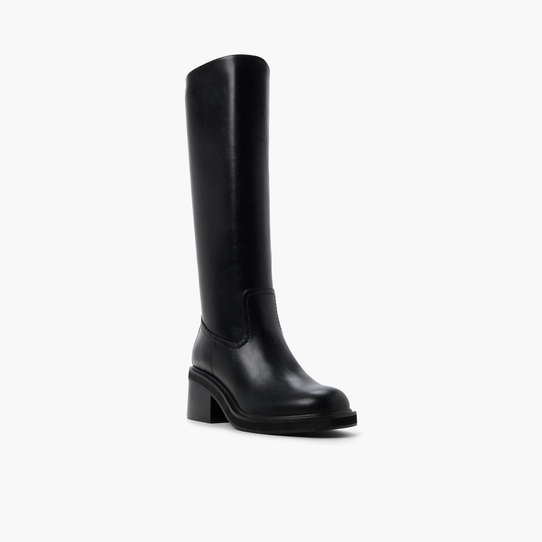 A single black leather knee-high boot with a low block heel and rounded toe, shown from a three-quarters angle against a plain white background. Journie brings equestrian ease to everyday style. consignment, secondhand boots, fall boots, chunky knee high boots, edmonton, sherwood park, consignment stores alberta