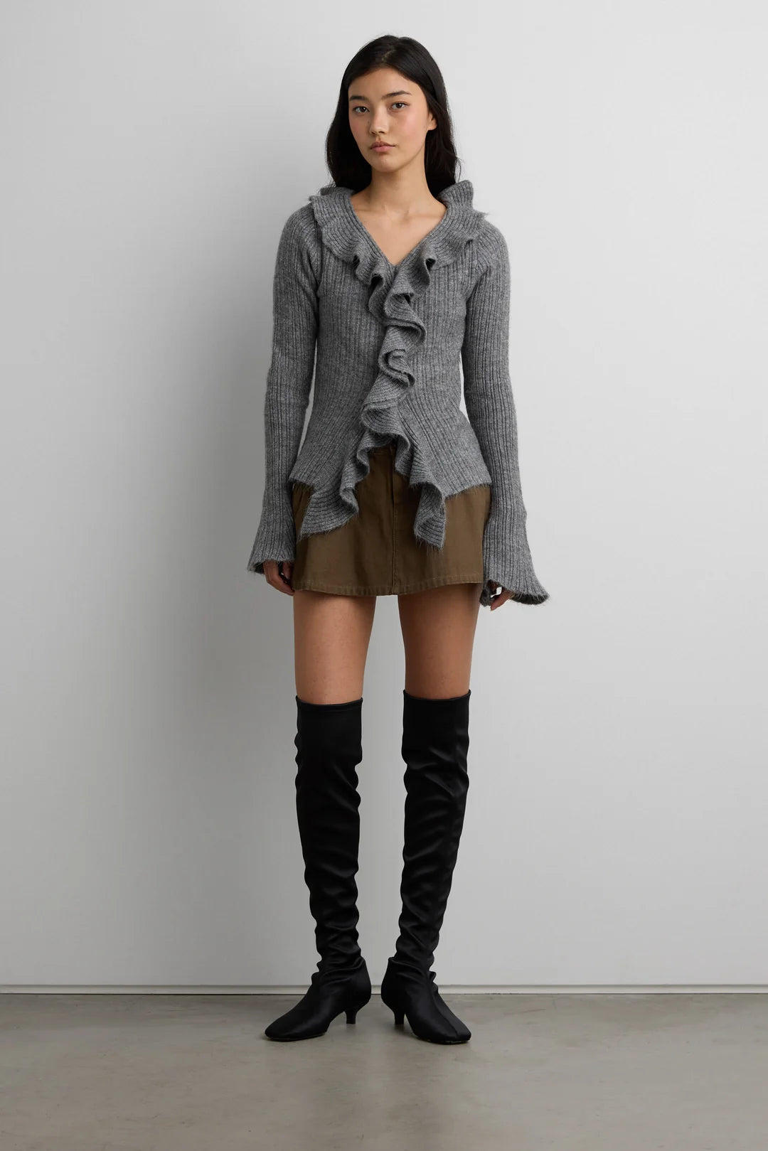 model wearing the ruffle v-neck sweater rom oak + fort, YEG secondhand